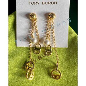 NEW!!! Tory Burch Gold & Pearl Chain Dangling Earrings